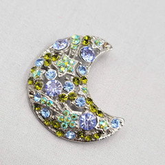 Vintage Crescent Moon Brooch Blue Green Rhinestone Silver tone 2″