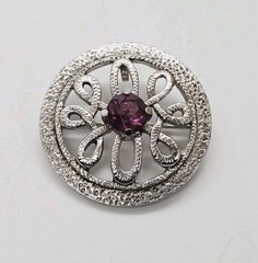 Modernist Brooch Pin Purple Crystal Silver Tone 1.5 in Textured Signed Scottland