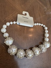 Vintage Natasha Off-White Faux Pearl Rhinestone Statement Necklace Signed New!