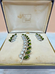 Vintage B David Rhinestone Brooch & Clip-on Earring Set w/ Green & Clear Stones