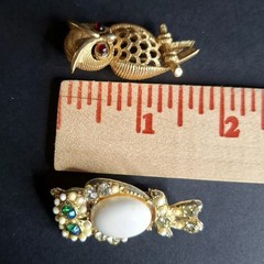 Owl Brooches Green and Red Eyes Rhinestone Gold and Silver Tone Pins Vintage
