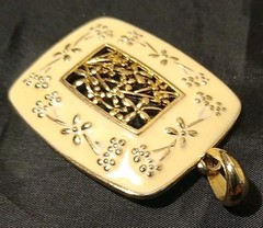 HAND ENAMELED FLORAL GOLD Off White FRAMED FORGET ME NOT CARTOUCHE PENDANT (403)