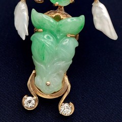 1950s Gumps 14K Gold Carved Jade Pearl Diamond Brooch(21059-NRTHH)