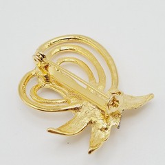 Heart Modernist Abstract Faux Pearl Rhinestone Open Metal Gold Tone Brooch Pin