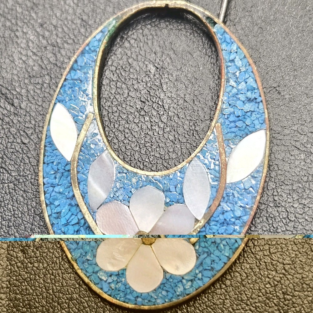 Vintage Mexico Alpaca Nickel SilverMOP Turquoise Floral Single Drop Earring