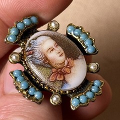 Vintage Brooch, Miniature Victorian Portrait Cameo Turquoise Bead Brooch Pin A66