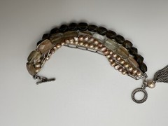 Vintage Sterling Silver Smoky Quartz Pearl 5 Strand Bracelet 8” JB23