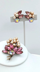 Vintage Floral Brooch Earrings SET Pink Navette Rhinestone Faux Pearl