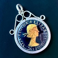 Lucky Sixpence Pendant British Coin Charm Queen Elizabeth II Vintage 1954