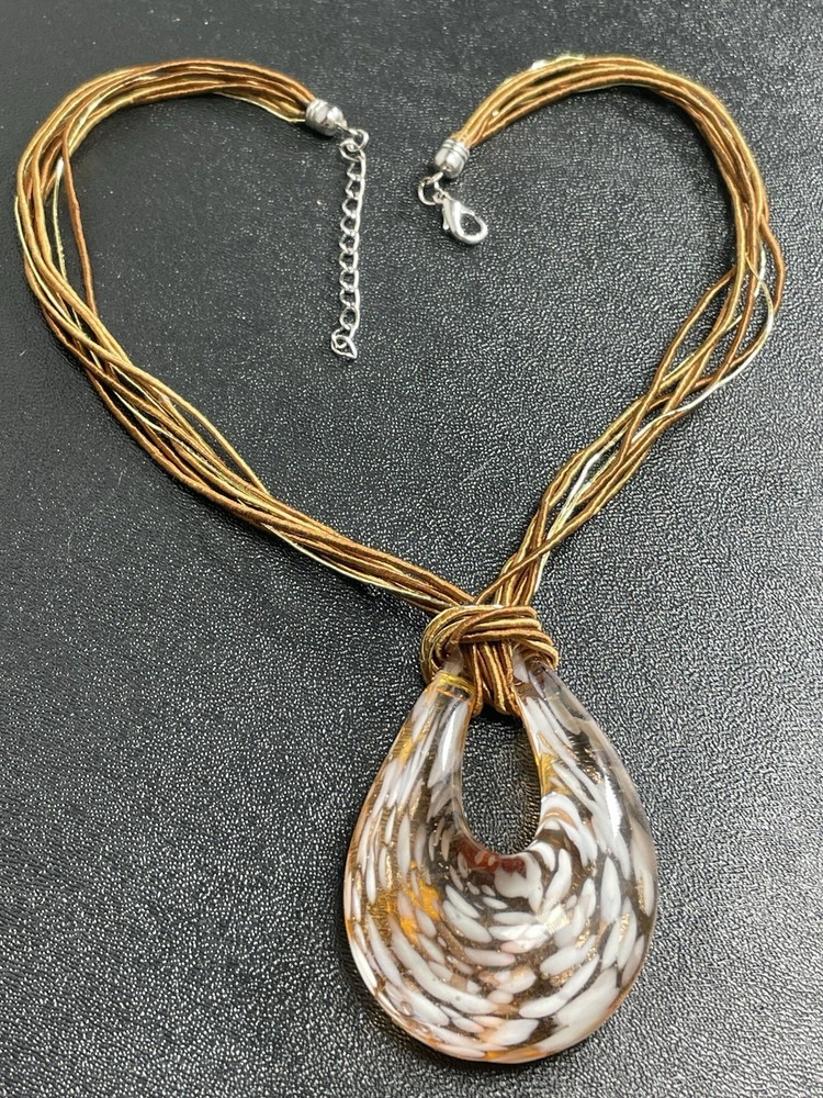 Vintage Large Gold & White Glass Pendent 16” Cord Necklace