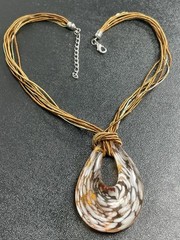 Vintage Large Gold & White Glass Pendent 16” Cord Necklace