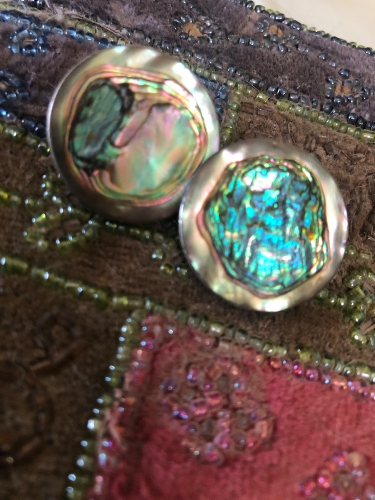 Mexico 925 ATI Signed Sterling Silver And Abalone Vintage Earrings Clip On
