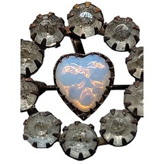 Antique Victorian Opaline Glass Heart Brooch Paste Rhinestone C Clasp Estate