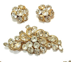 KRAMER NY Gold Tone Half Circle Clear Rhinestone Bracelet, Brooch & Earring Set