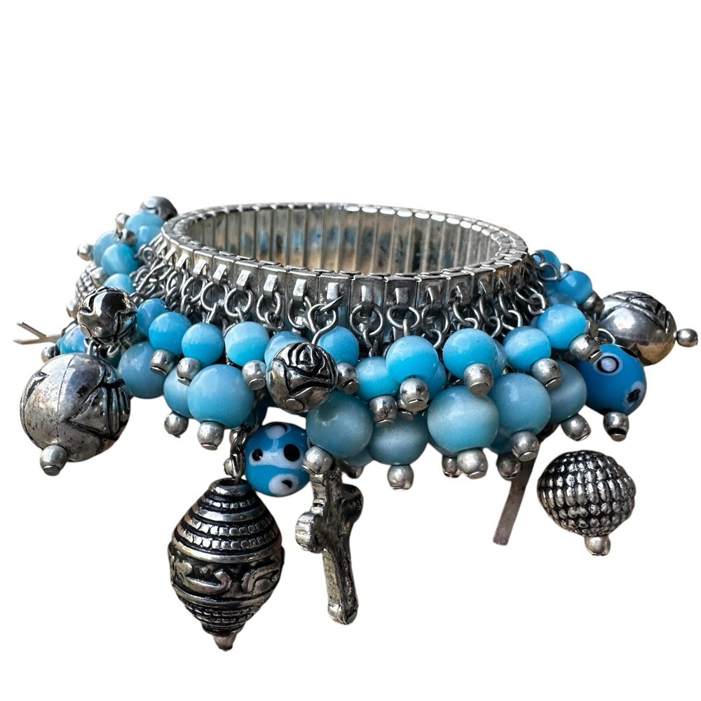VTG Cha Cha Bracelet 7.75 Inch Expandable Silver Tone Blue Bead Cross Charms