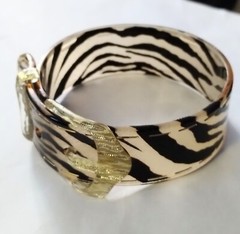 RARE French Lacquer Tiger Acrylic Lucite Resin Vintage Buckle Bangle Bracelet