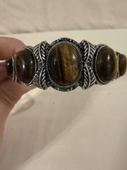 Vintage Tigers Eye And Silver Tone Bracelet Cuff