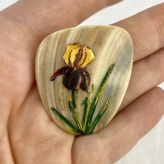 Vintage Hand Painted Iris Flower On Natural Shell Brooch Pin Floral Gardening