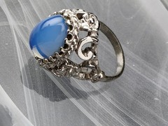 Vintage Blue Opaline Color Shifting Glass Cab Ring Ornate Silver Tone Size 6.5