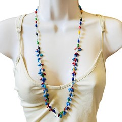 Flapper Art deco Glass Necklace VTG Colorful Antique Brass Wired Cluster 32″