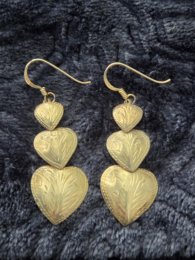 Vintage .925 Sterling Silver Triple Heart Dangle Earrings Etched Tiered