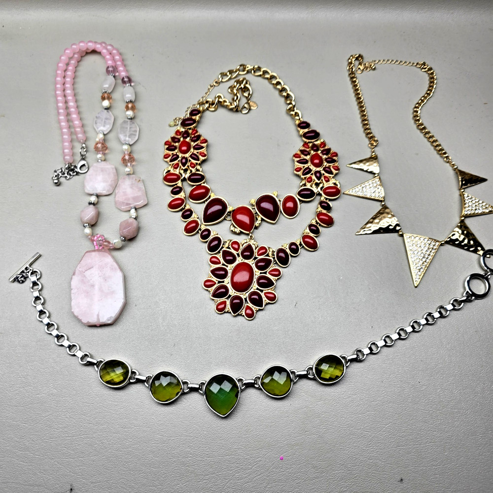 Statement Necklace Lot Pink Stone Red Bib Green Faceted Gold Tone Jewelry