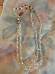 Vintage Faceted Crystal Aurora Borealis Necklace, Clip Earrings, Bracelets