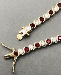 Vtg. 925 Gold Vermeil Ruby Colored Rhinestones & Cubic Zirconia Tennis Bracelet