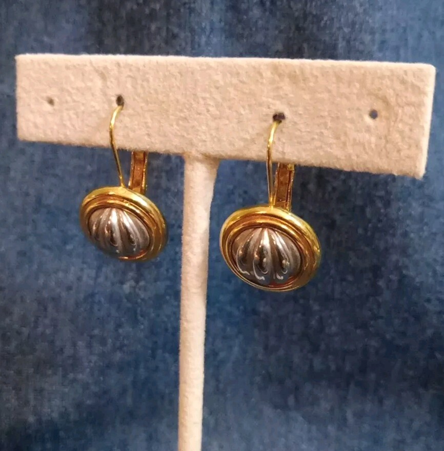 Vintage Domed Button Earrings Round Two Tone Gold Silver Lever Back Retro USA