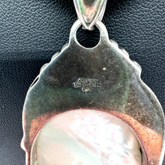 MERAV 925 Sterling Silver Vintage Real MOP Feather Flower Oxidized Pendant