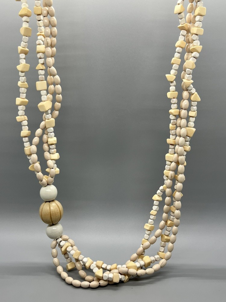 Unique Vintage Multistrand Wooden Beaded Necklace w Multiple Shaped Beads
