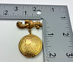 Vintage Locket Photo Brooch Pin Gold Tone C Clasp Heart Floral Embossed