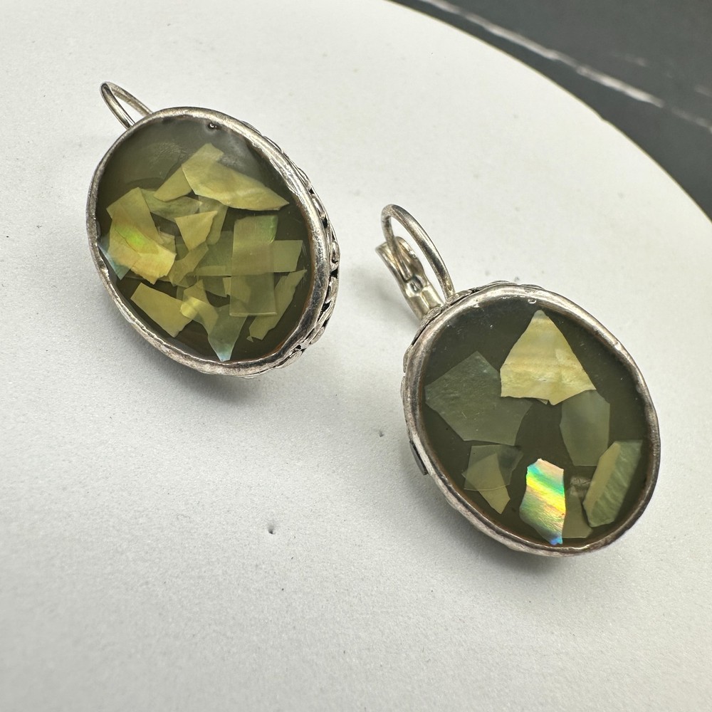 Vintage Mother-of-Pearl Mosaic Oval Earrings Silver Tone Boho Art Deco