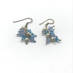 925 Sterling Silver Pearl Blue Crystal Beaded Vintage Dangle Drop Earrings