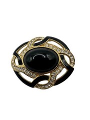 Vintage Trifari Gold Toned Black Enamel Oval Cabochon 2” Brooch Pin 80s-90s
