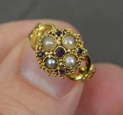 Victorian 18ct 18k Gold Almandine Garnet Pearl Cluster Ring Sz 5.5 Hallmark 1867