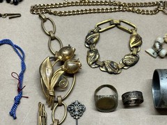 Nice Lot of Antique Jewelry – Glass Beads, Rhinestones, Hand Carved