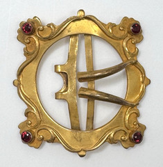 Antique Art Nouveau Gilt Brass Sash Belt Buckle Scroll Red Glass Stones 1900s