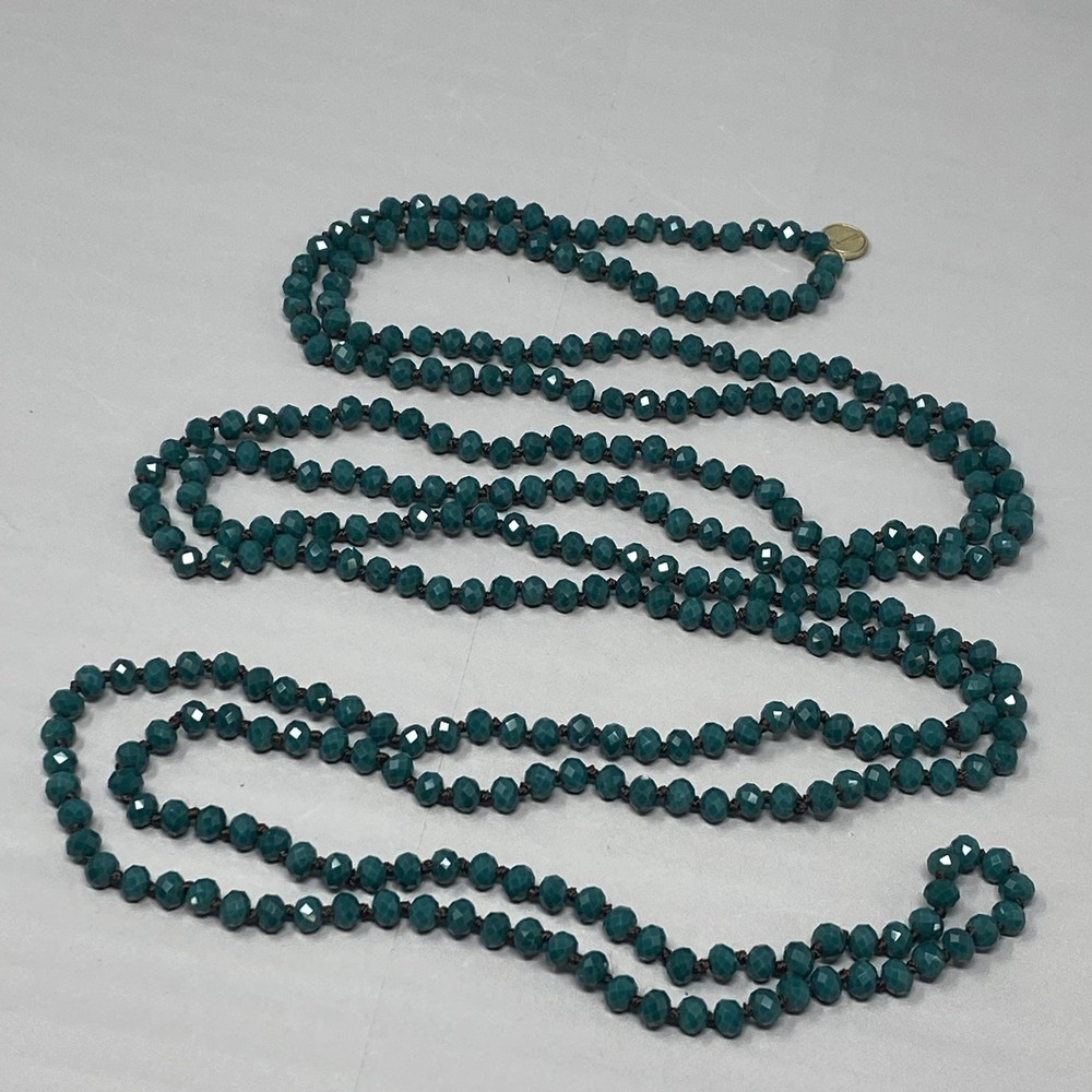 Designer Flapper Beaded Necklace Teal Green Fire Polished Czech Glass JM 78″
