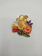 Vintage Tona Brooch Gold Tone Watering Can & Flower Brooch 1.75″ Signed