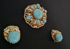 West Germany Faux Turquoise & Pearls Gold Tone with Enameling Brooch & Earrings