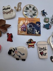 Vtg Lot (17) Pins Lapels Funky Eccentric Cat Flower Dog Handmade Latte Animals