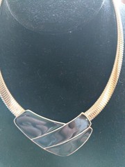 Vtg Choker Flatten Snake goldtone Signed TRIFARI black Enamel Statement 70s-80s