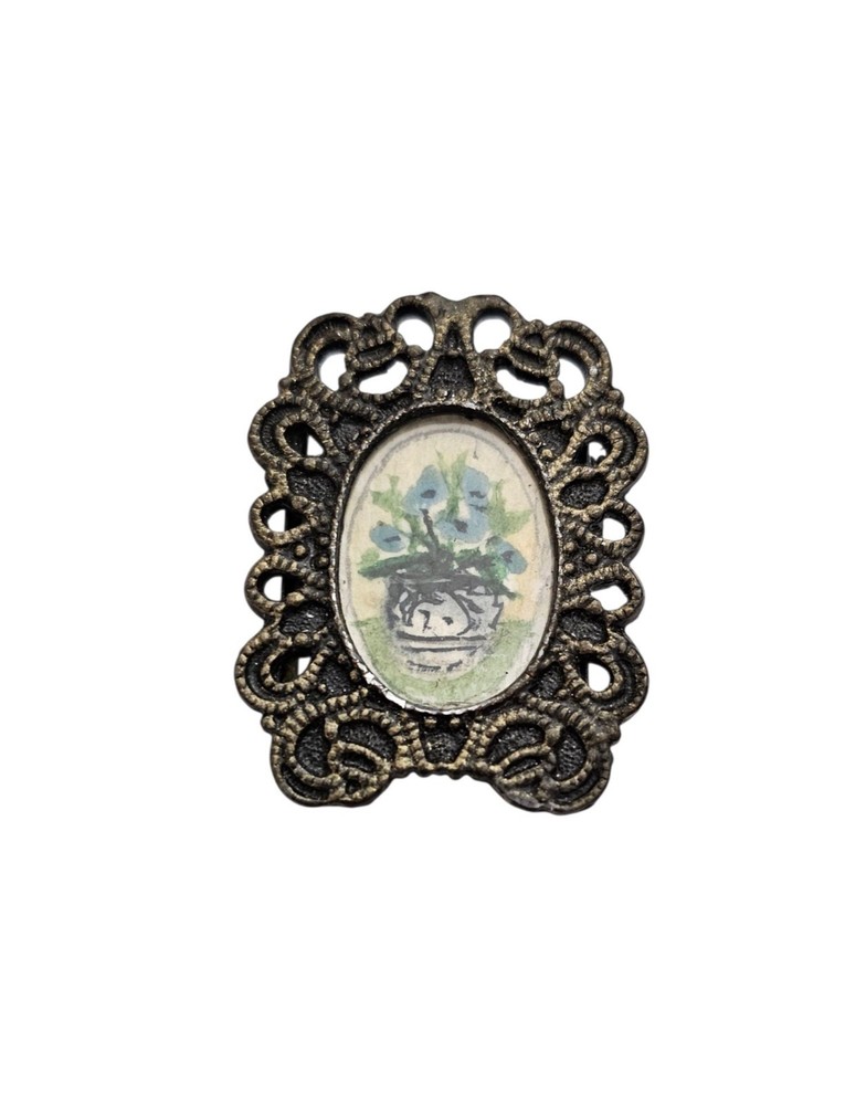 Vase of Flowers Mini Paintings In Frame Brooch Water Color Vintage Pin