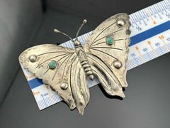 BIG Vtg Sterling Silver Butterfly Brooch Mexico Turquoise Stones 3.25″ Insect