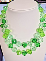 VTG 1950s 1960s Choker Double Strand 3 Shades Green w Flower Clasp Necklace