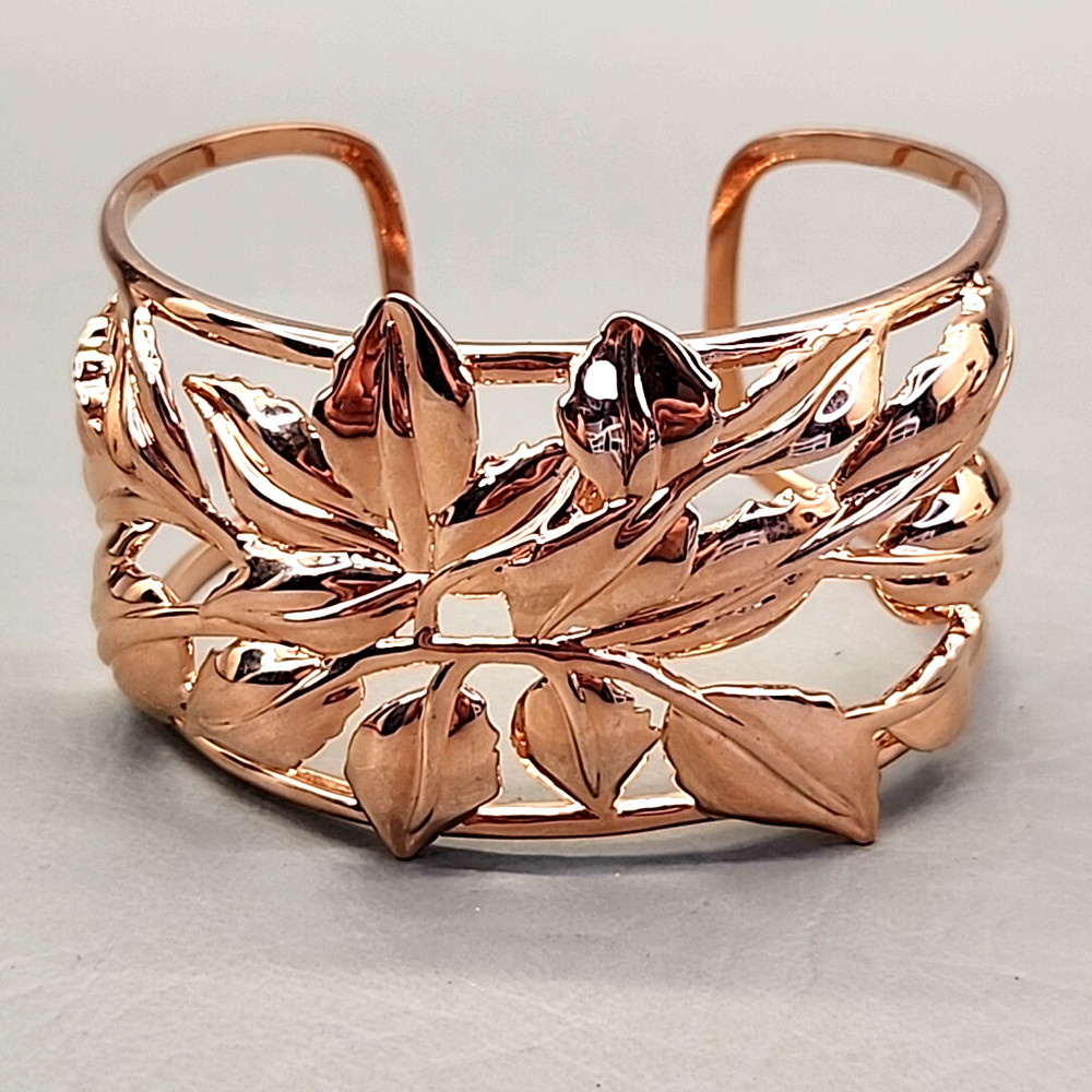 Vintage Wide Cuff Bracelet Leaf Rose Gold Tone BBJ JTV 8″
