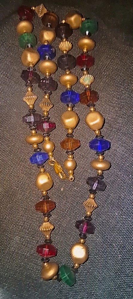 Vintage Goldtone Red Blue Acrylic Bead Necklace