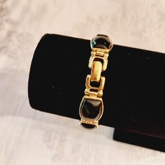 Vintage Gold Over Sterling Silver 925 Bracelet Black Stone Beautiful Signed HK