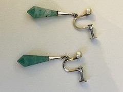 Antique Mother’s 1890’s Screw Back Sterling Silver Green Jade Hexagon Earrings